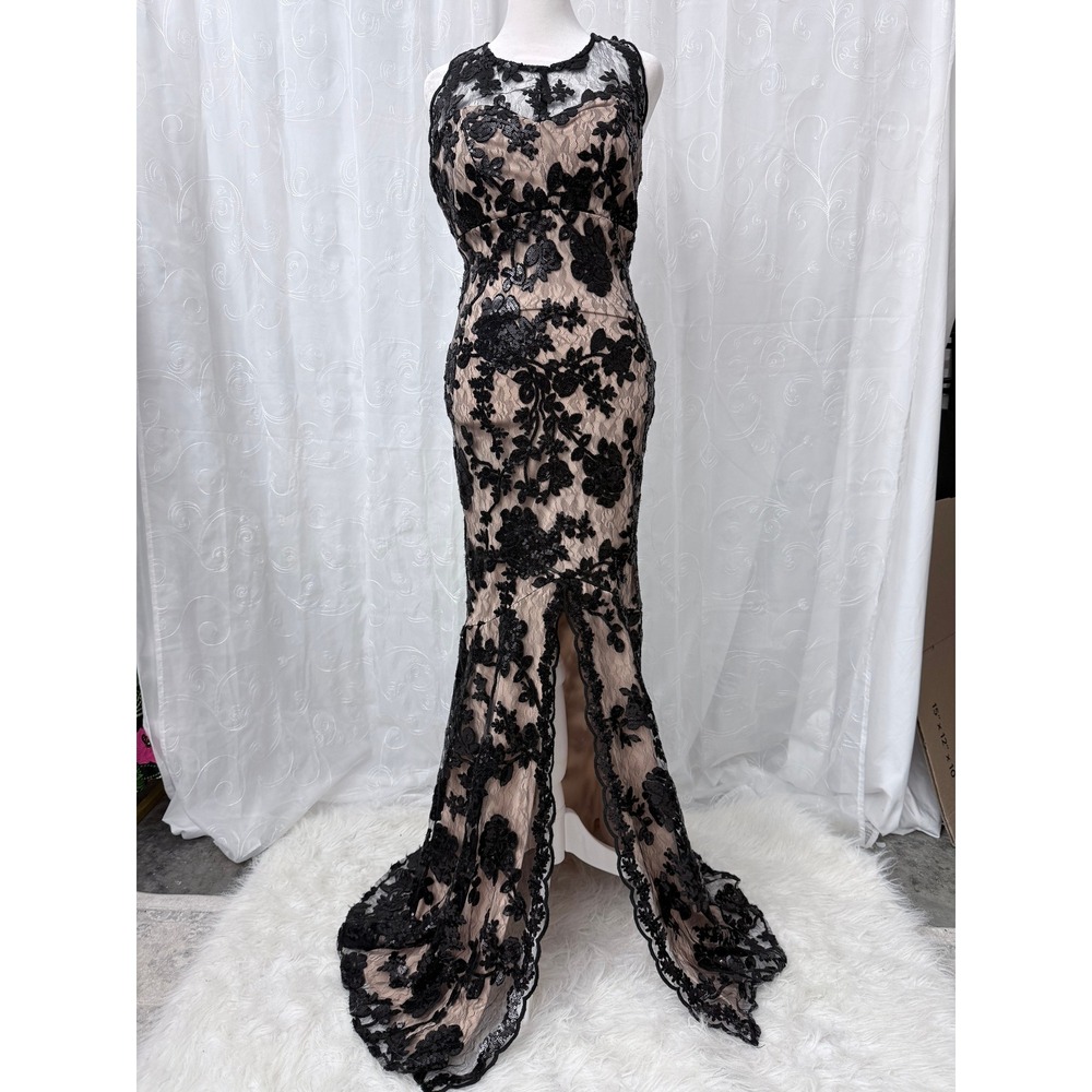 Windsor Black Lace Sequin Homecoming Prom Formal Gown Front Slit Size 9